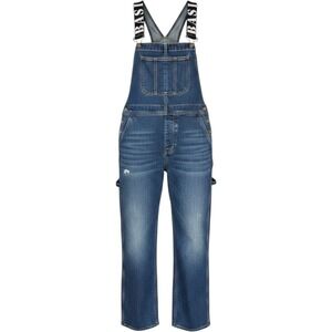 Blue Button Denim Overalls Wide Leg Medium Wash Graphic Straps Womens Size L